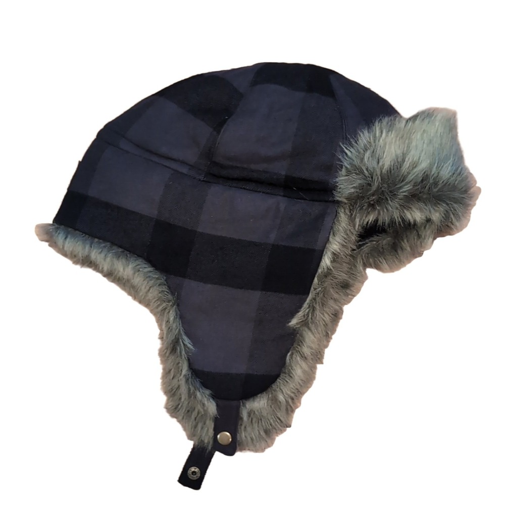 Eddie Bauer Mens Trapper Hat L/XL Black Grey Plaid Faux Fur Ear Flaps Aviator